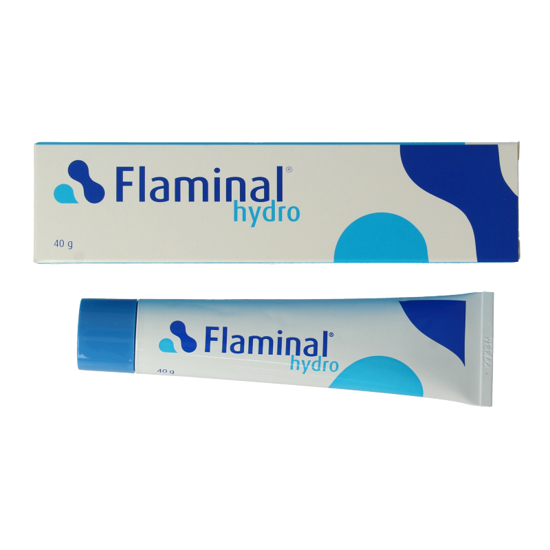 Flaminal Hydrogel 40g for burns, showing the clear medical gel in a sterile container, designed for wound care and burn treatment.