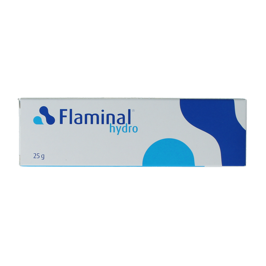 Flaminal Hydrogel wound care product in 25g package with transparent gel and applicator tip, designed for wound healing.