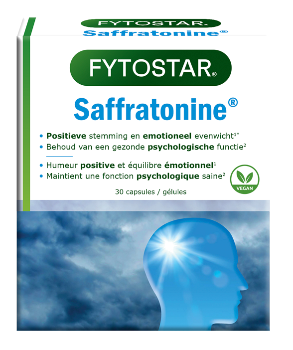 Fytostar Saffratonine herbal supplement capsules in a bottle, showcasing the product packaging and capsules inside.