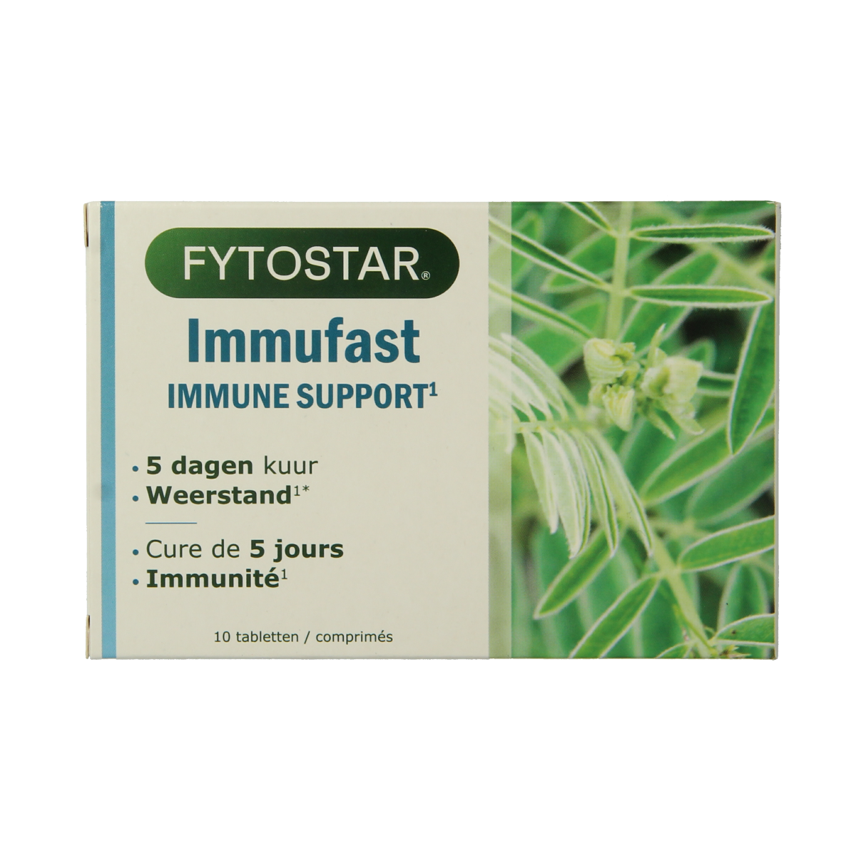 Fytostar Immufast immune booster tablets, herbal supplement packaging with 10 tablets in a natural herbal preparation.