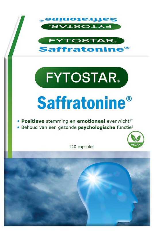 Fytostar Saffratonine capsules, herbal supplement in a clear bottle with a white label, featuring the Fytostar brand logo.