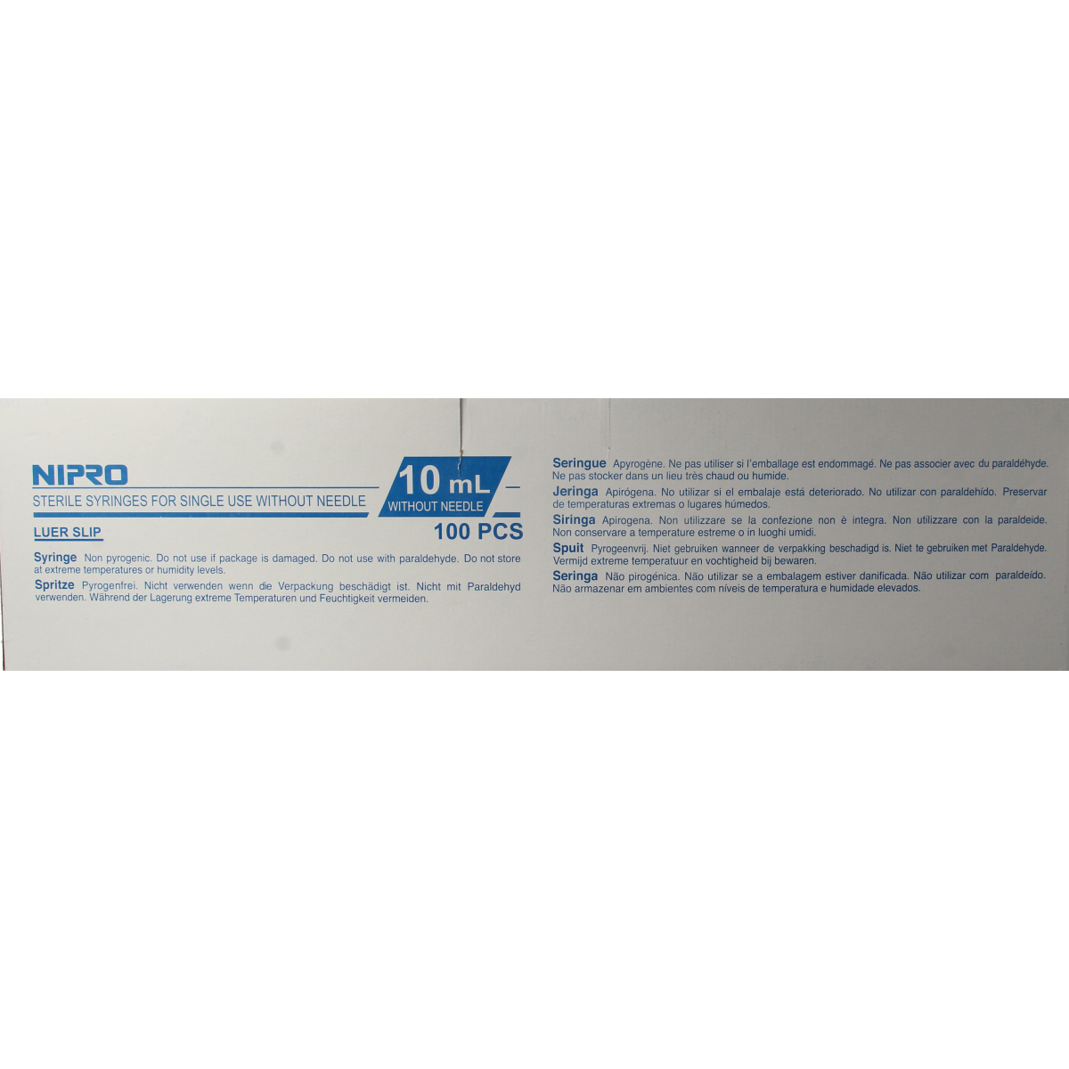 Nipro 10ml luer syringe, 3-piece set of 100 sterile medical injection instruments with clear barrel and plunger