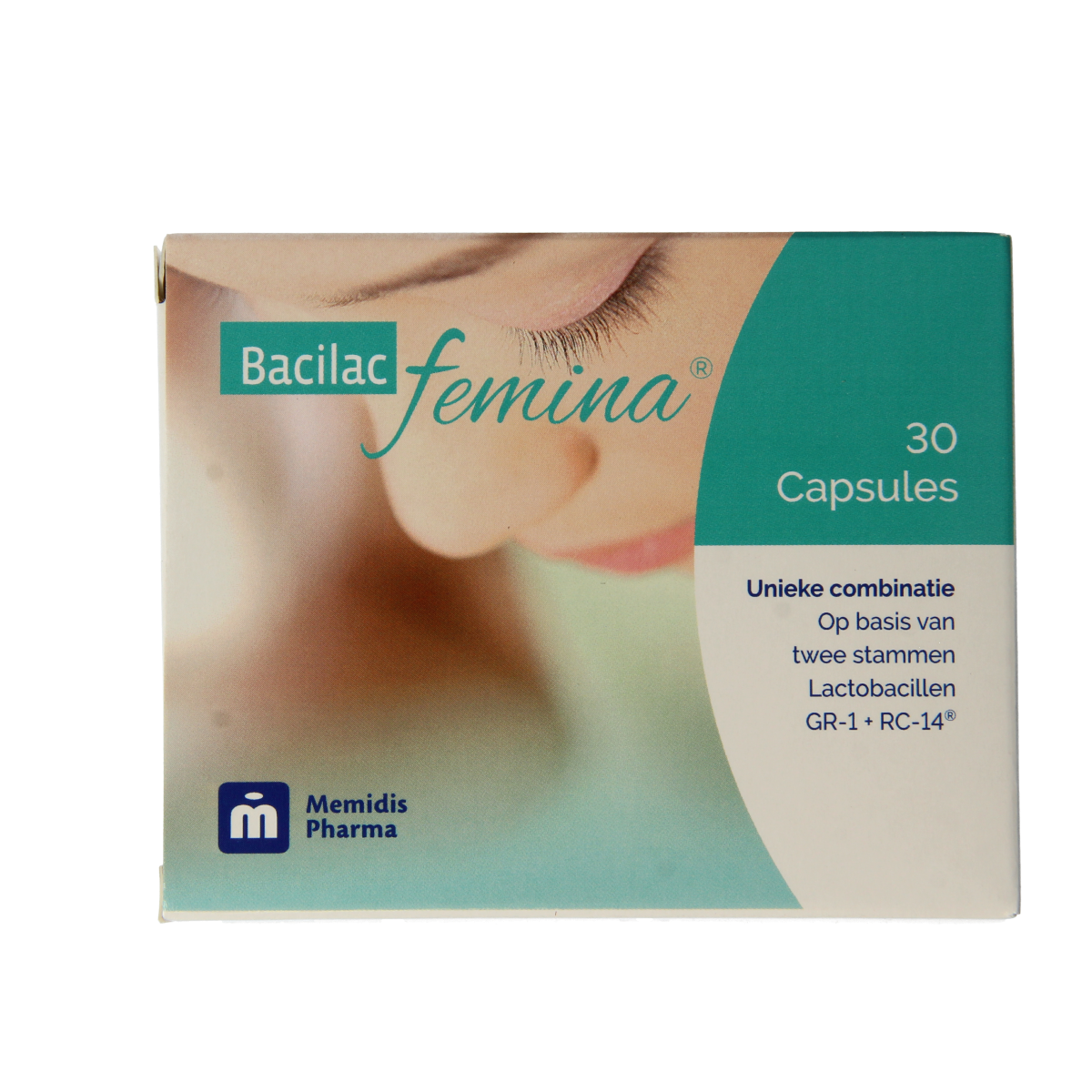 Memidis Pharma Bacilac Femina probiotic capsules, containing micro-organisms for feminine health, shown in blister pack.