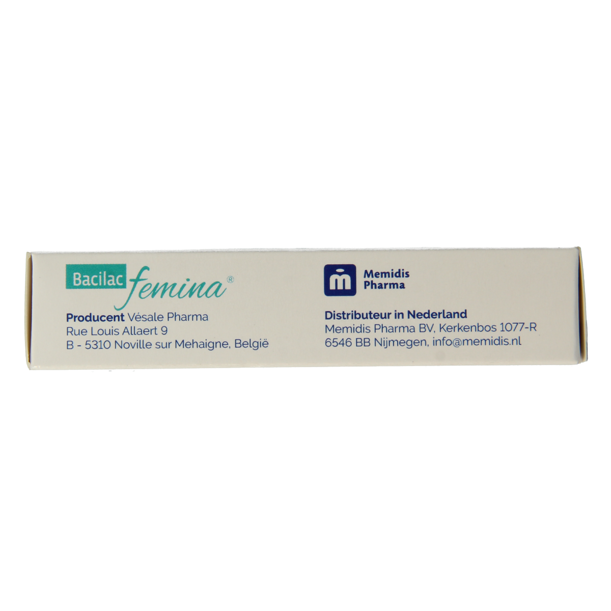 Memidis Pharma Bacilac Femina probiotic capsules, containing micro-organisms, in a white bottle with a labeled cap.