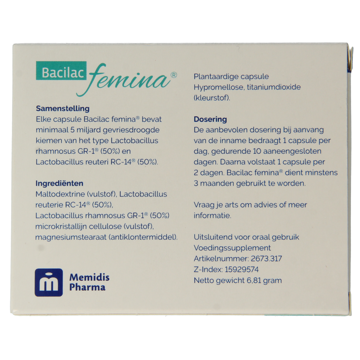 Memidis Pharma Bacilac Femina probiotic capsules showing the product packaging and capsules inside a blister pack.