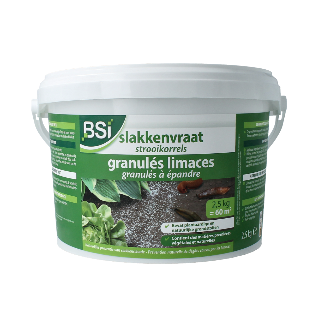 BSI Slakkenvraat pest control product in a 2500g container for home and comfort use, designed to protect plants from snails.