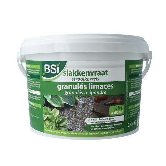 BSI Slakkenvraat pest control product in a 2500g container for home and comfort use, designed to protect plants from snails.
