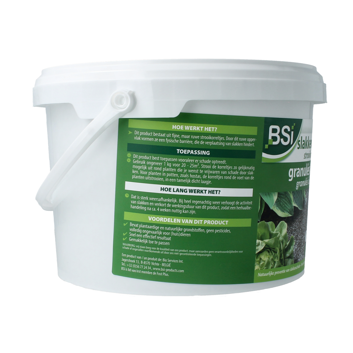 BSI Slakkenvraat, 2500g, natural pest control product for garden slug prevention, in a clear container.