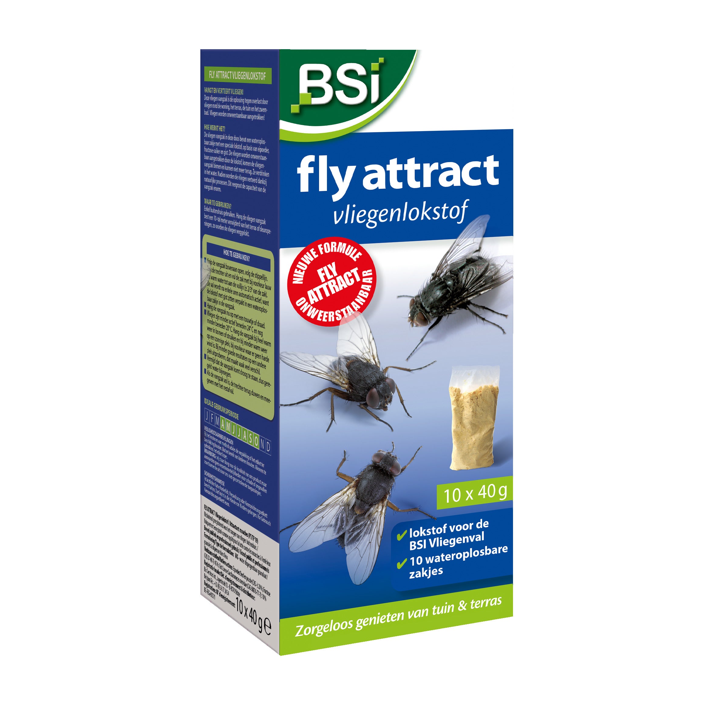 BSI Fly attract fly lure 10x40g, living and comfort product, showing the attractant container with label and product details.