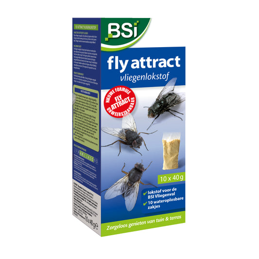 BSI Fly attract fly lure 10x40g, living and comfort product, showing the attractant container with label and product details.