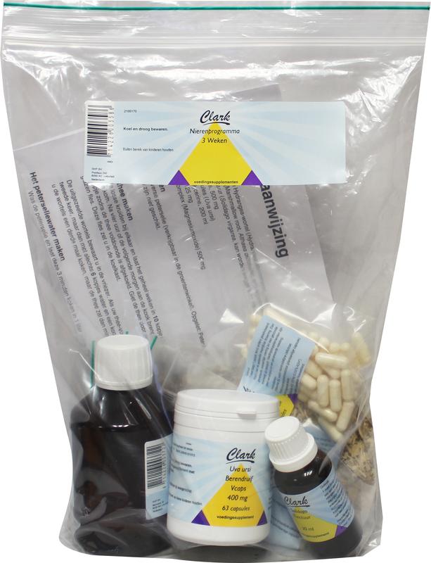 Clark Nierenkuur herbal supplement set for kidney health, featuring natural kruidenpreparaten in a 3-week course.