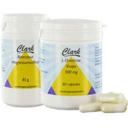 Clark Leverkuur amino acids set featuring L-Ornithine and bitterzout supplement bottles.