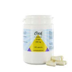 Clark L-Arginine 500mg vegetarian capsules, amino acid supplement in a clear bottle with white cap.