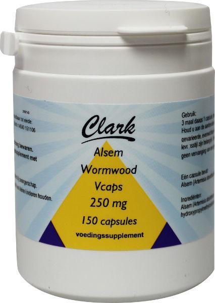 Clark Alsem and wormwood herbal capsules in a clear bottle, vegetarian dietary supplement from Clark kruidenpreparaten line.