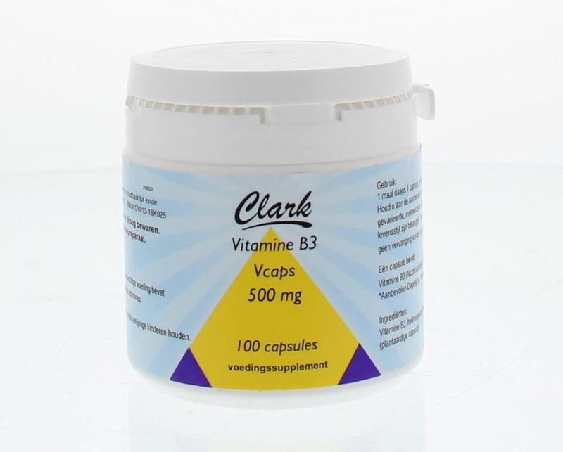 Clark Vitamine B3 nicotinamide 500mg capsules, close-up of 100 dietary supplement capsules in a bottle.
