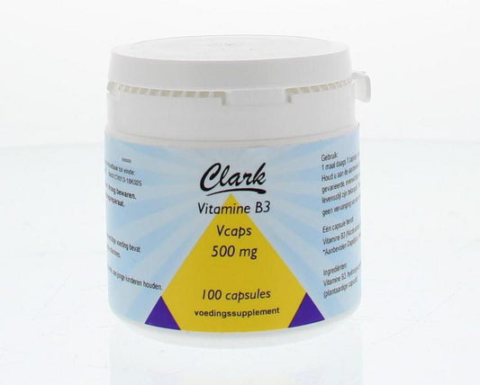 Clark Vitamine B3 nicotinamide 500mg capsules, close-up of 100 dietary supplement capsules in a bottle.