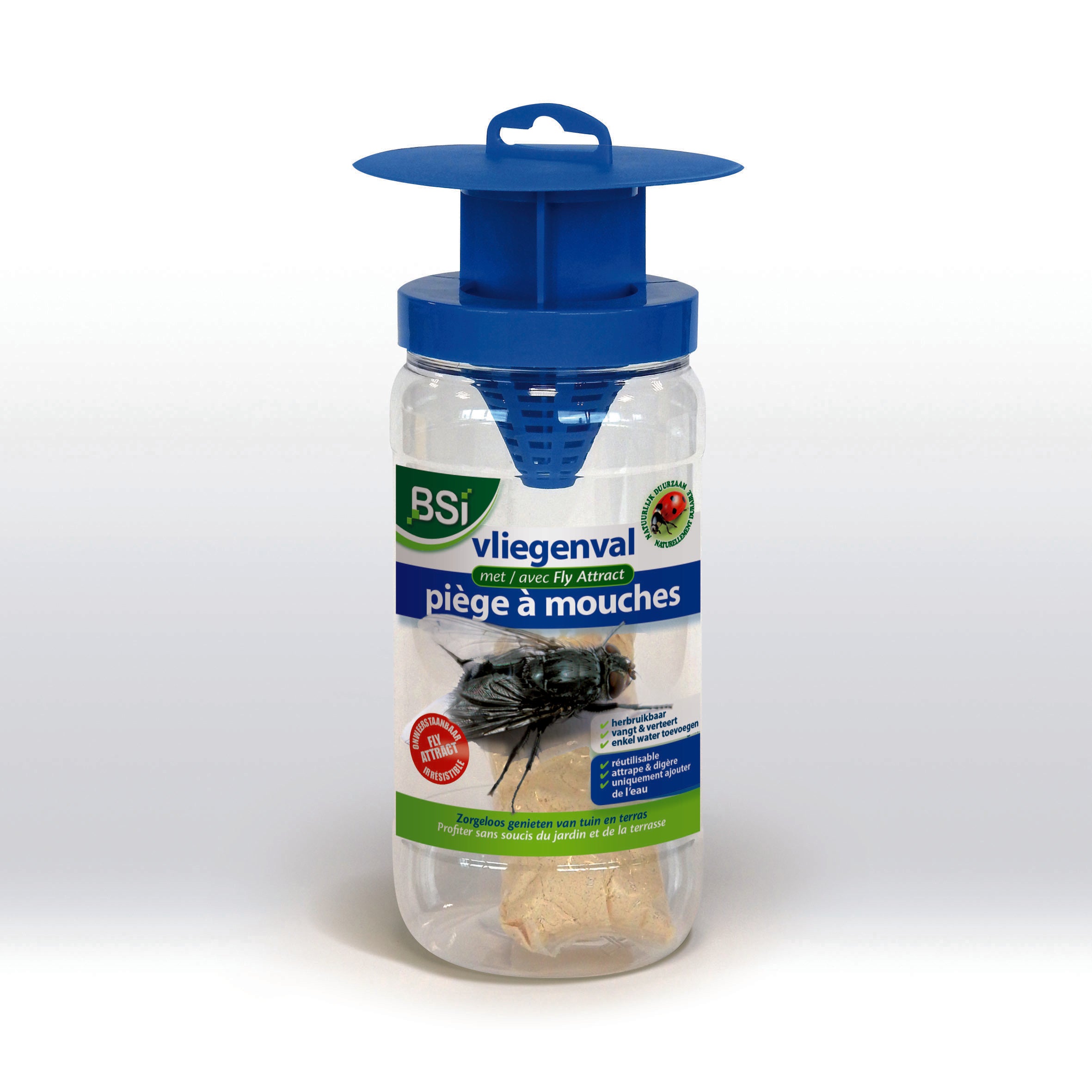 BSI Vliegenval with lokstof fly attract, 40g, designed for home and comfort, showing the attractant bait and packaging.