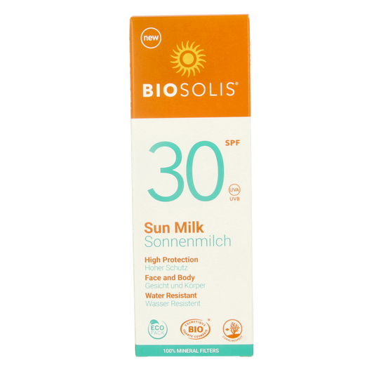 Biosolis SPF30 sun milk for face and body in 100ml bottle, natural sunscreen with broad-spectrum protection