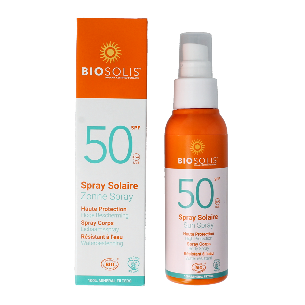 Biosolis Sun Spray SPF50 in 100ml bottle, outdoor sun protection product with spray nozzle for easy application