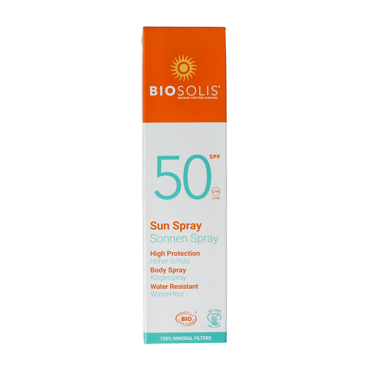 Biosolis SPF50 sun spray bottle, 100ml, with spray nozzle, in a clear container showing the product label, for outdoor sun protection.