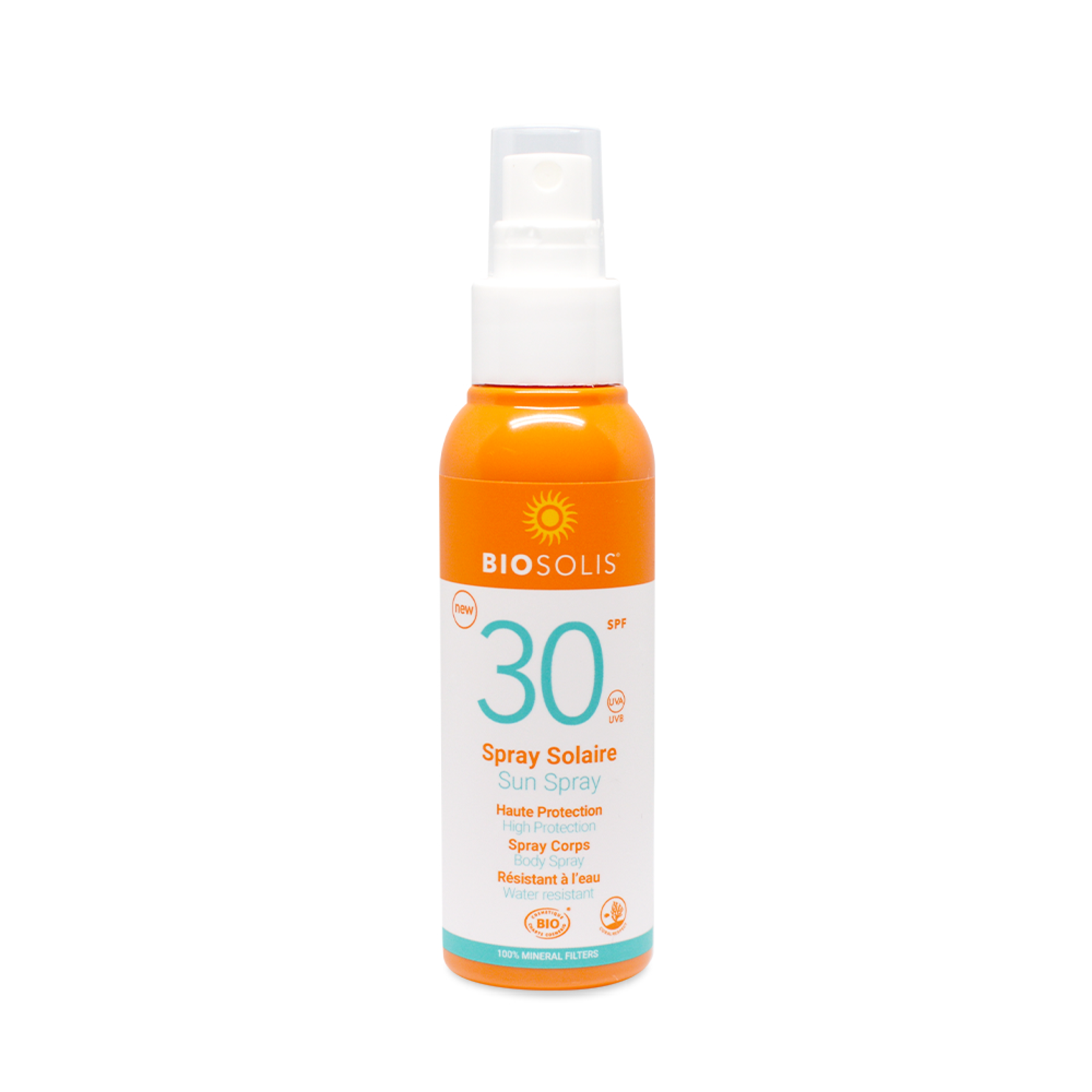 Biosolis SPF30 sun spray in 100ml bottle, outdoor sun protection product for skin, natural sunscreen by Biosolis