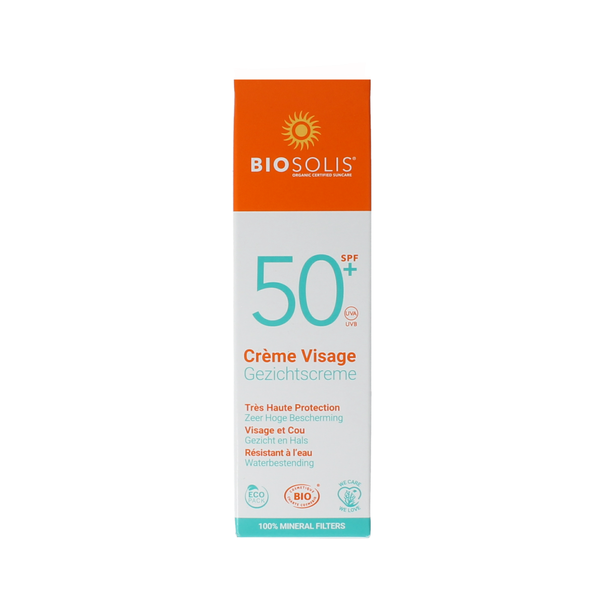 Biosolis SPF50 face sun cream tube, 50ml, with white cap and orange packaging, showing the product label and branding.