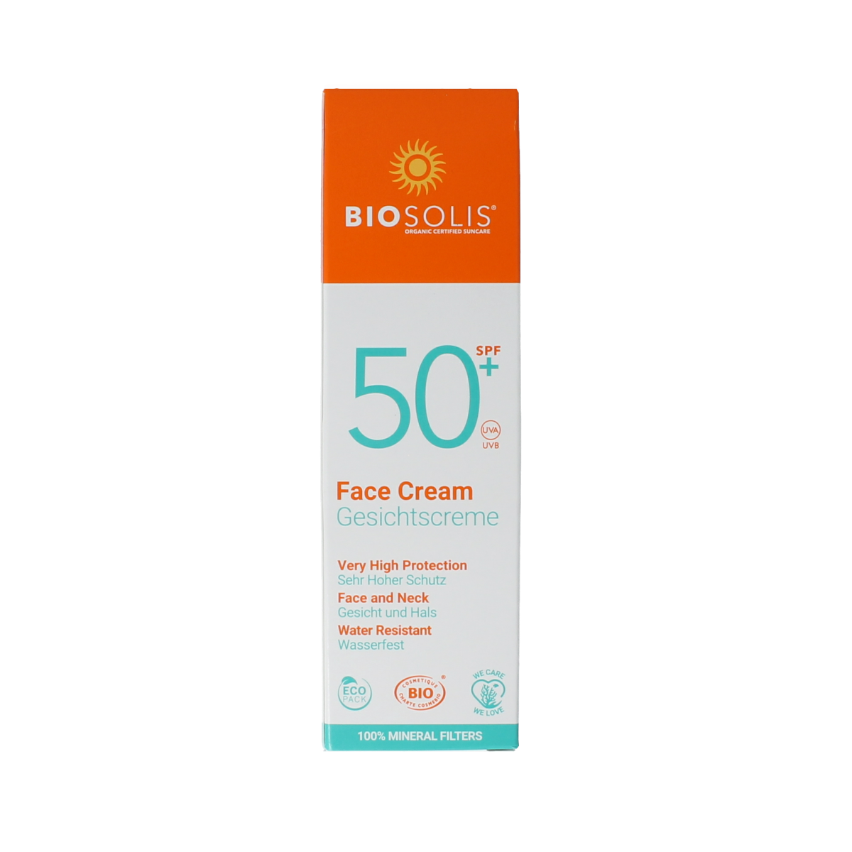 Biosolis SPF50 face sun cream in 50ml tube, natural sunscreen for facial skin protection from UV rays