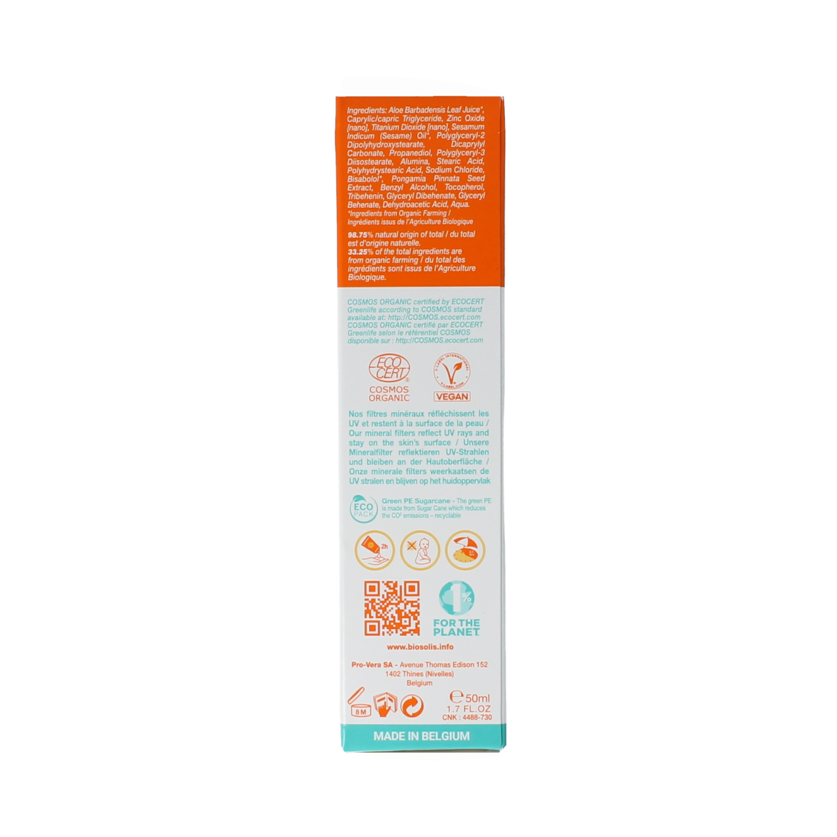 Biosolis SPF50 face sun cream in 50ml tube, with a white and orange packaging design, suitable for daily facial sun protection.
