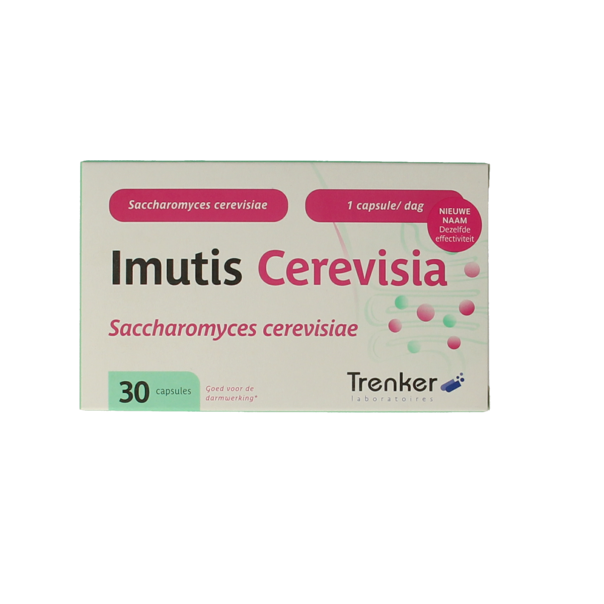 Trenker Cerevisia vegetarian capsules containing micro-organisms, shown in a close-up image with capsule packaging.