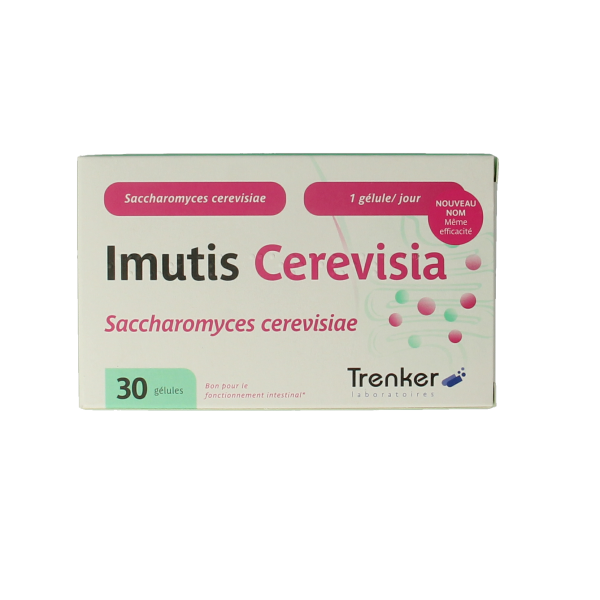 Trenker Cerevisia vegetarian capsules containing micro-organisms, shown in a close-up image of the supplement bottle.