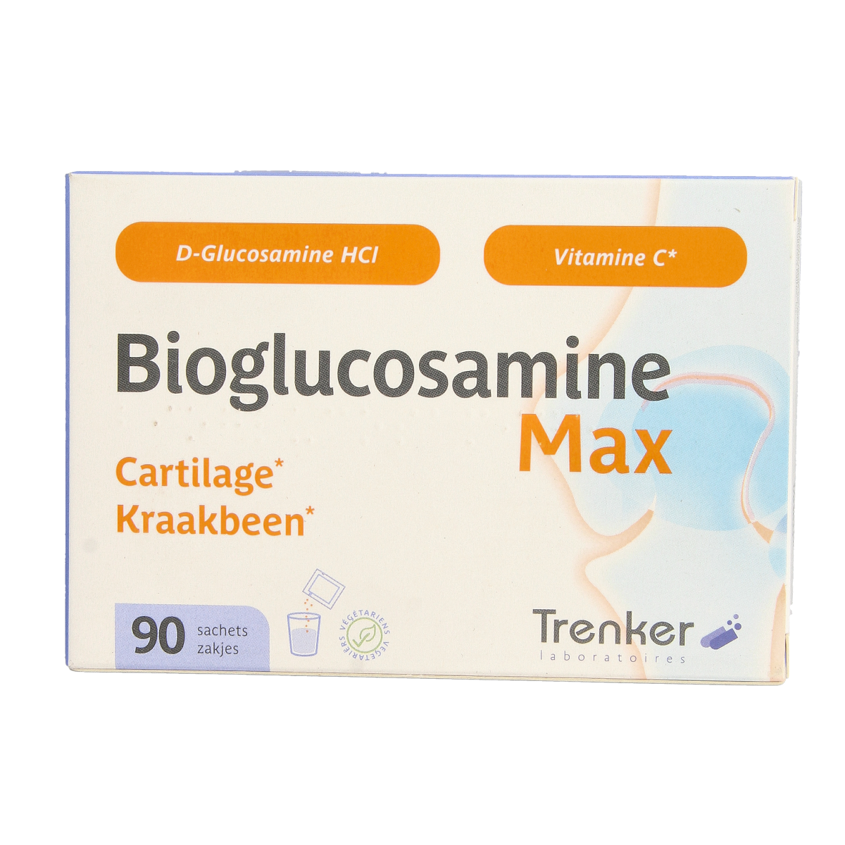 Trenker Bioglucosamine 1250 mg mineral supplement in a box of 90 sachets, designed for joint and cartilage support.