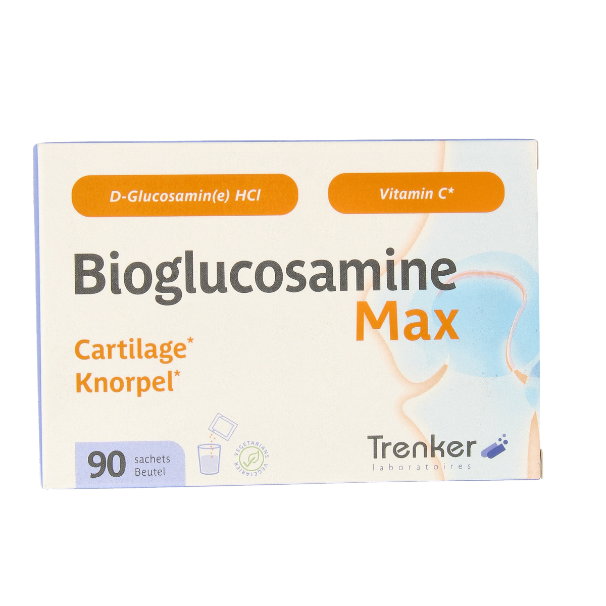 Trenker Bioglucosamine mineral supplement sachets, 1250 mg, 90 sachets, with natural ingredients for joint support.