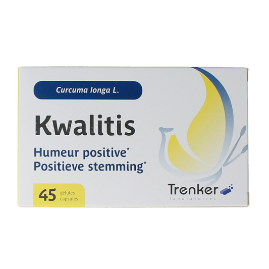 Trenker Kwalitis herbal capsules in a bottle, dietary supplement for digestive health, natural Kruidenpreparaten product.