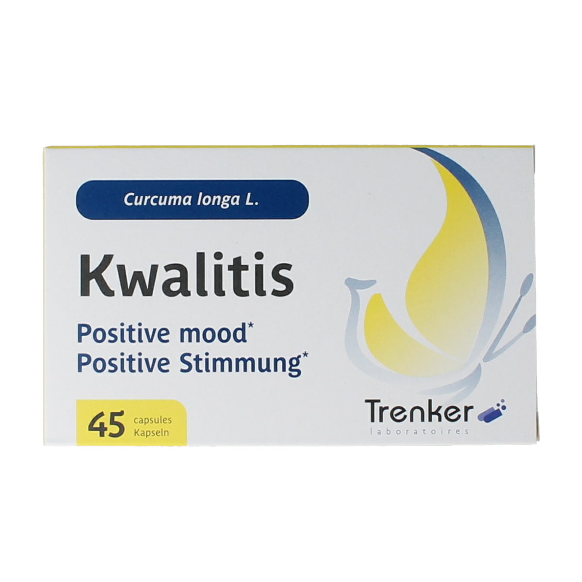 Trenker Kwalitis herbal supplement capsules in a bottle, part of Trenker's kruidenpreparaten line, shown with capsules visible.