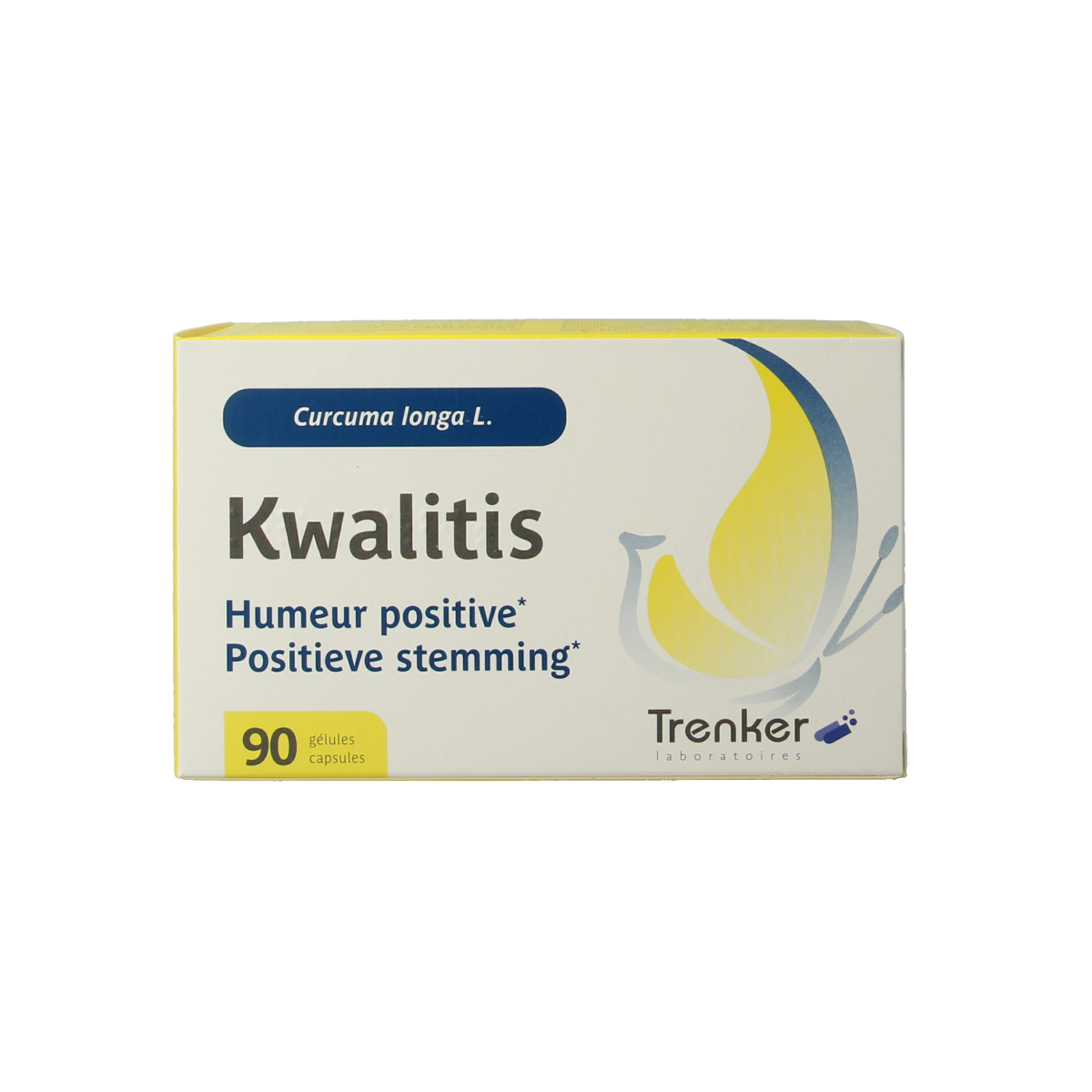 Trenker Kwalitis herbal supplement capsules, 90-count, in a clear bottle with a white label and green accents.