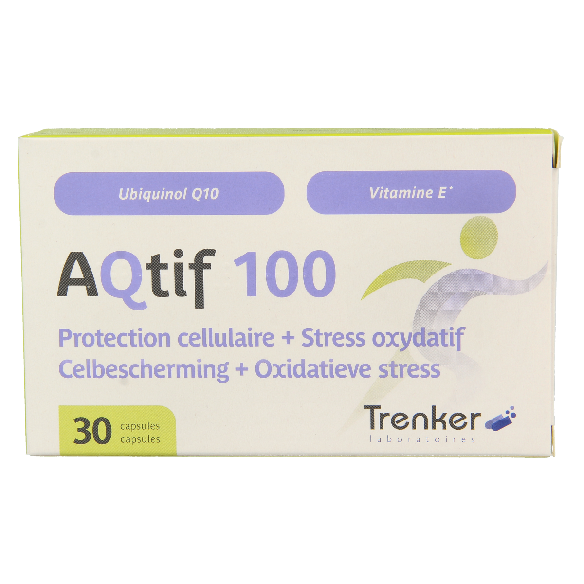 Trenker Aqtif100 multi-vitamin capsules in a clear bottle, showing 30 capsules for daily nutritional support.
