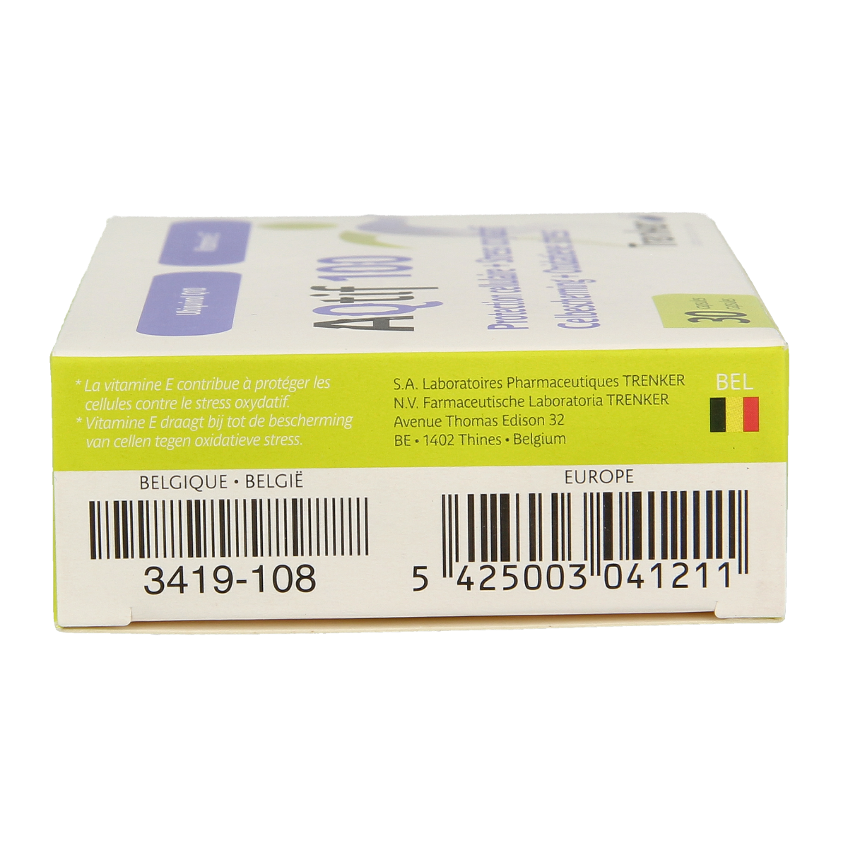Trenker Aqtif100 multi-vitamin capsules in a bottle, dietary supplement for overall health and wellness.