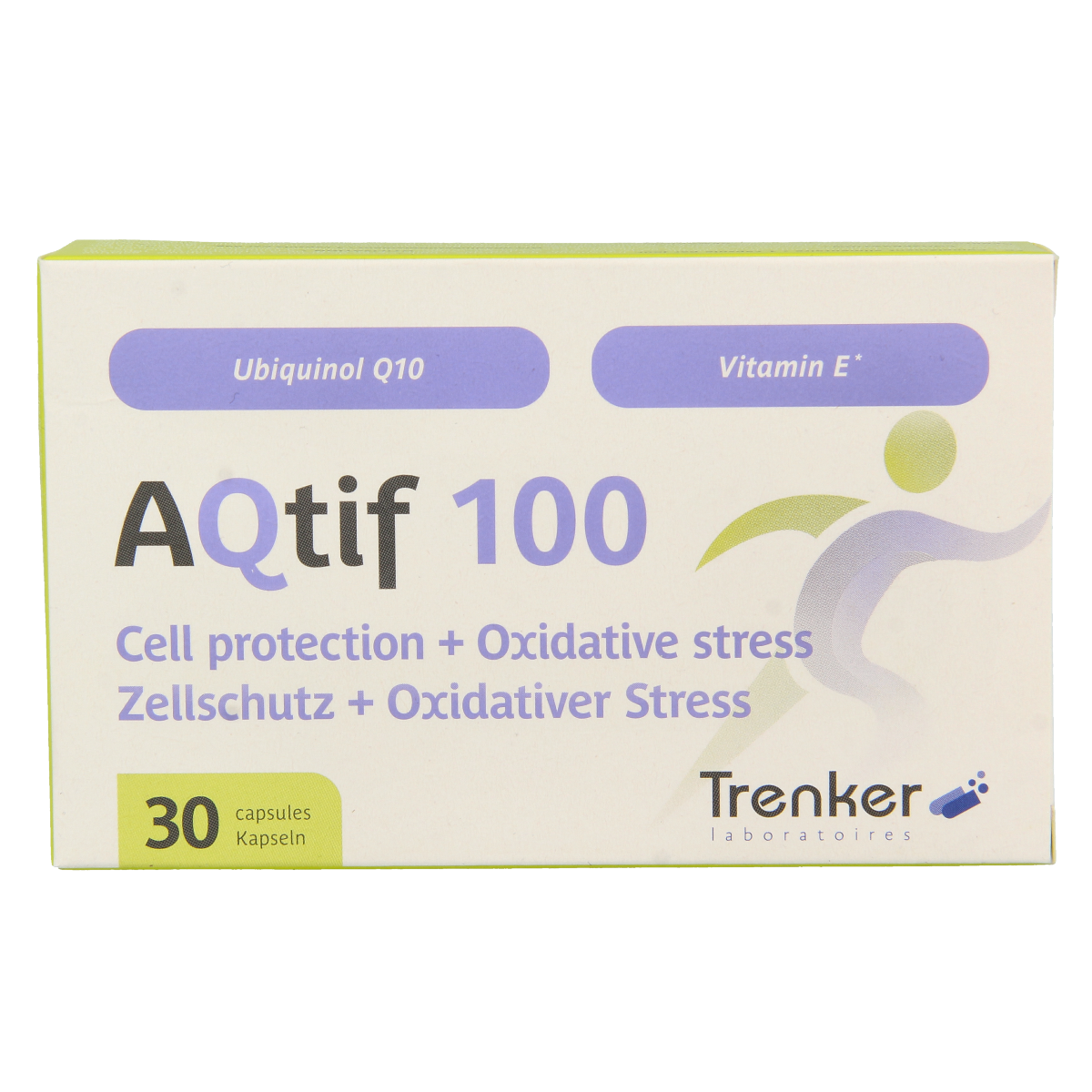 Trenker Aqtif100 multivitamin capsules, 30-count bottle, showing the supplement container with capsules inside.