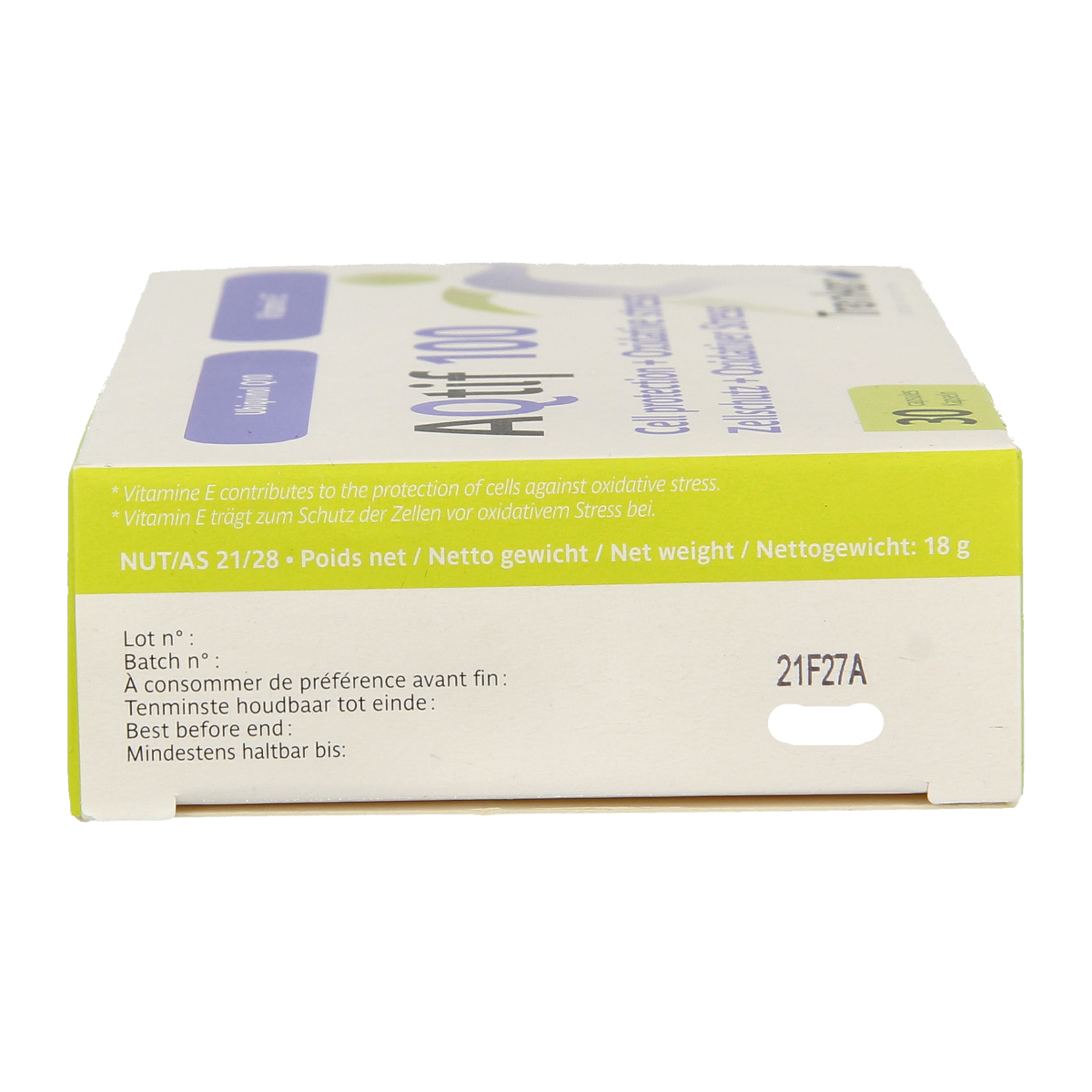 Trenker Aqtif100 multi-vitamin capsules, 30-count, featuring colorful capsules in a clear container for overall wellness.