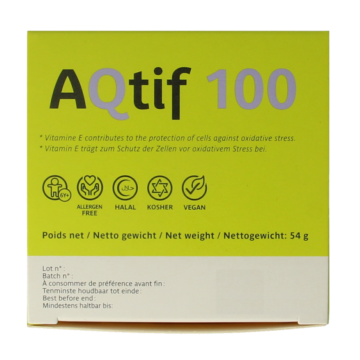 Trenker Aqtif100 multi-vitamin capsules, 90-count bottle, showing the supplement packaging and capsules.