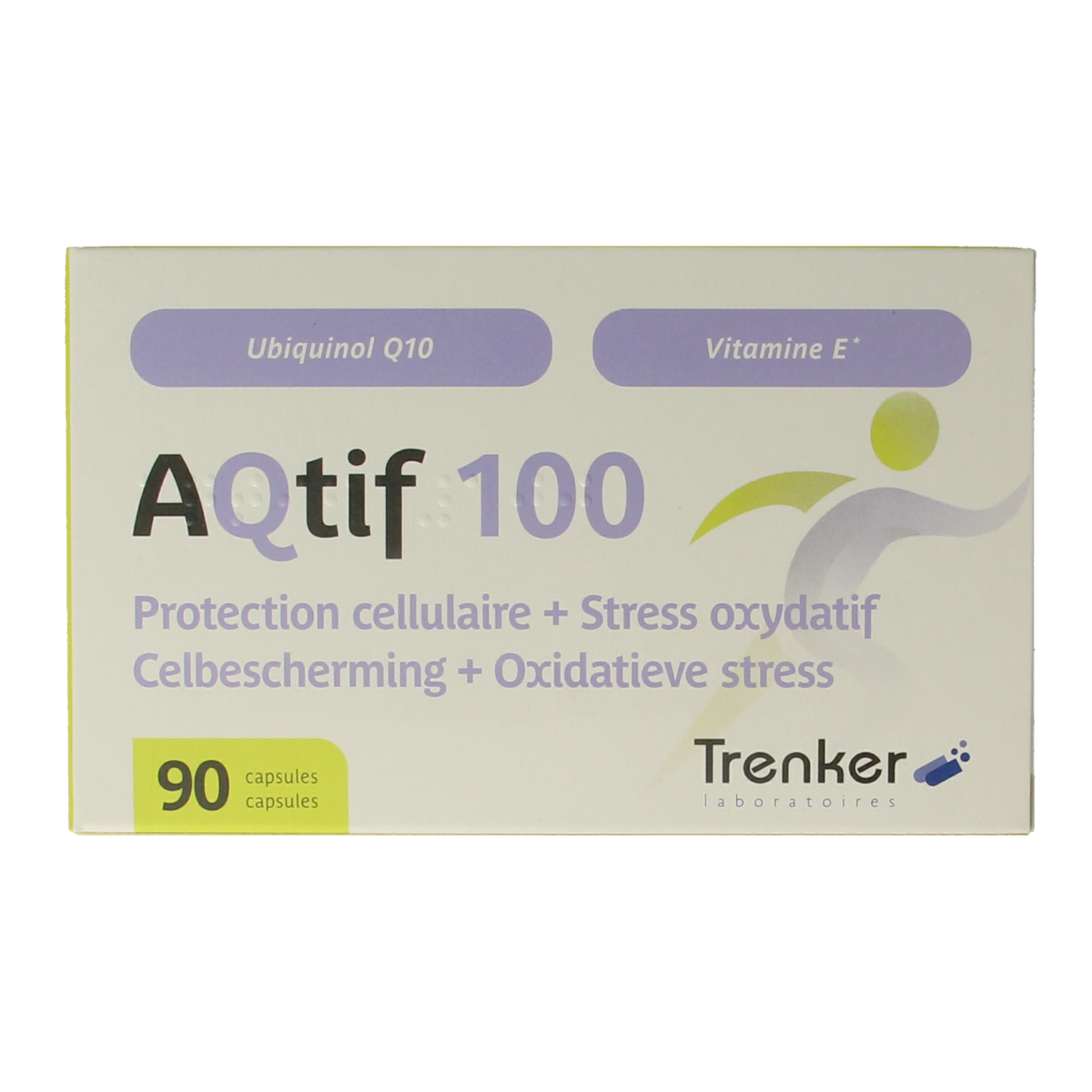 Trenker Aqtif100 multi-vitamin capsules, 90 count, showing the supplement bottle with capsules inside.