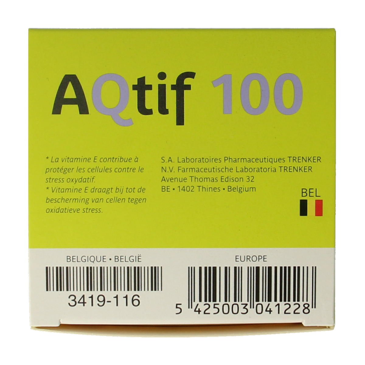 Trenker Aqtif100 multi-vitamin capsules in a clear bottle, showing 90 capsules of the dietary supplement.
