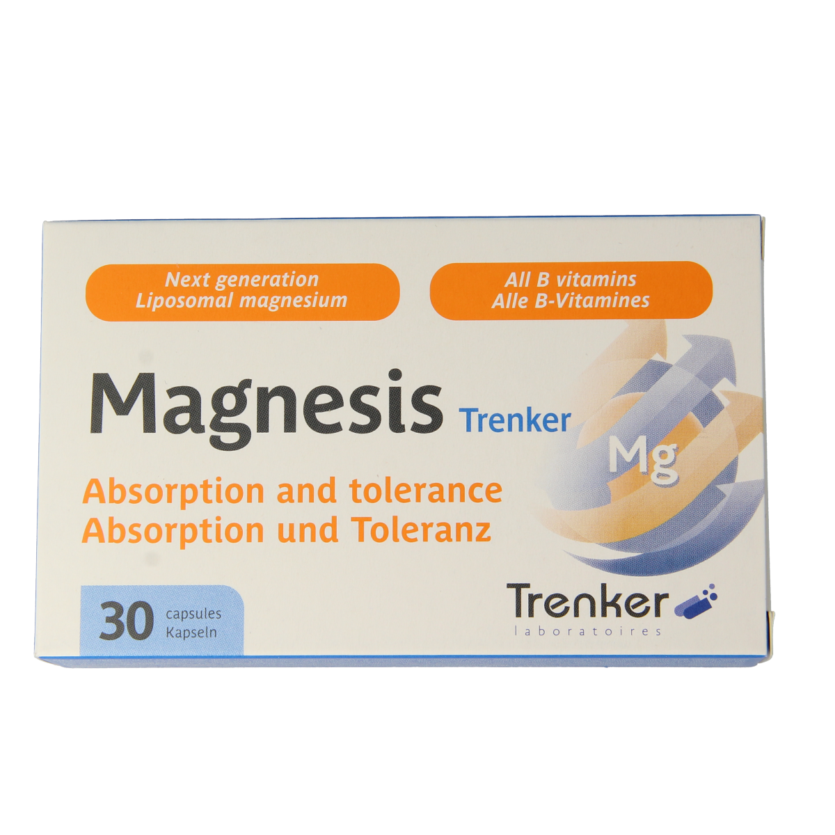 Trenker Magnesis 30 capsules, mineral supplement in a white bottle with label, showing capsules inside