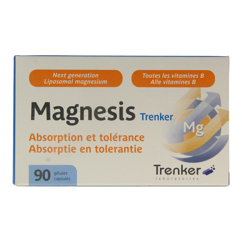 Trenker Magnesis mineral multivitamin capsules in a bottle, featuring 90 magnesium supplement capsules.