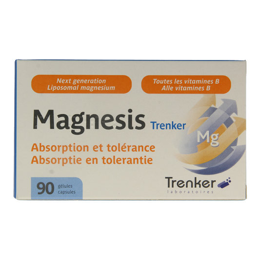 Trenker Magnesis mineral multivitamin capsules in a bottle, featuring 90 magnesium supplement capsules.