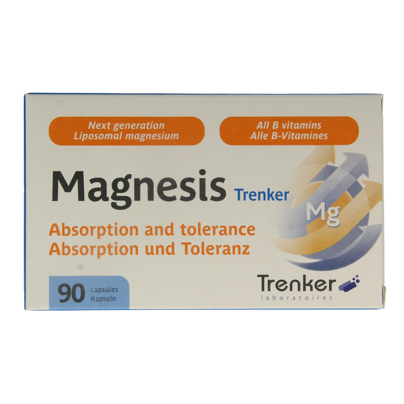 Trenker Magnesis mineral supplement in a bottle with 90 capsules, showing the product label and capsules inside
