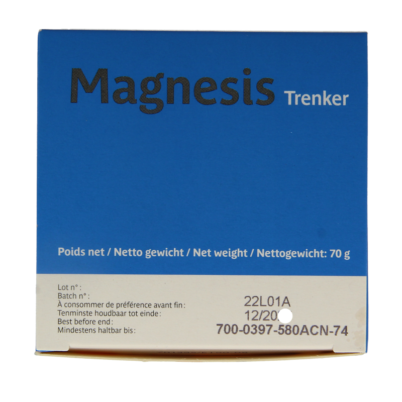 Trenker Magnesis mineral supplement in a bottle with 90 capsules, showing the supplement's packaging and capsules inside.