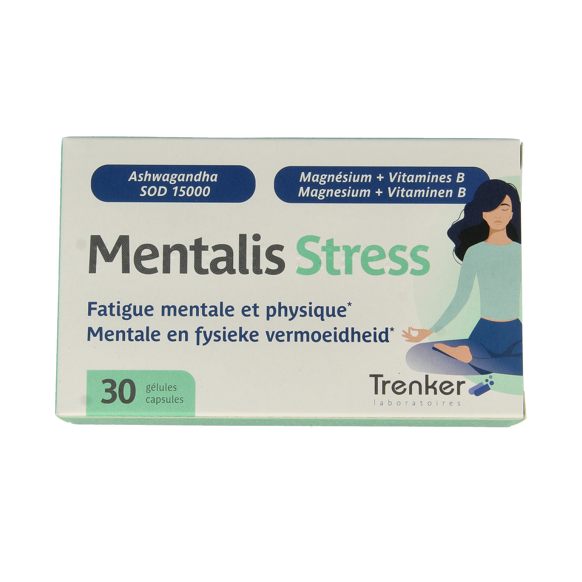 Trenker Mentalis stress herbal supplement capsules in a bottle with a label showing the product name and brand.