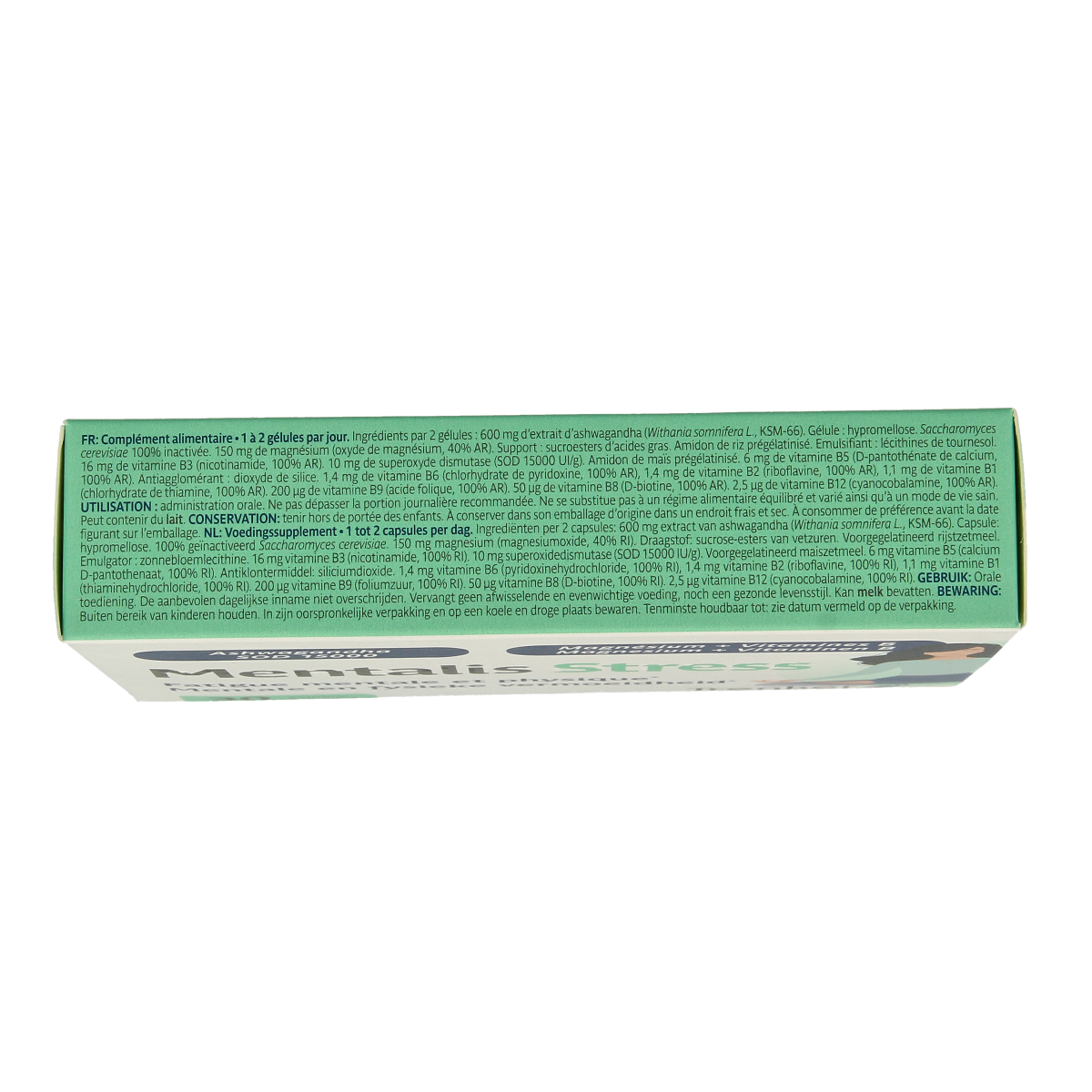 Trenker Mentalis stress herbal supplement capsules in a bottle, part of Kruidenpreparaten product line, with 30 capsules.