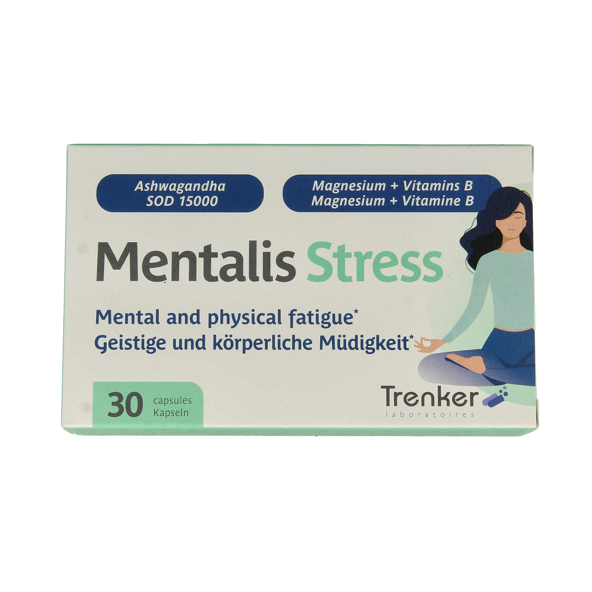 Trenker Mentalis stress herbal supplement capsules, 30-count, with natural ingredients for relaxation and mental support.